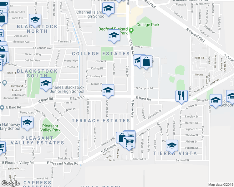 map of restaurants, bars, coffee shops, grocery stores, and more near 1520 Nelson Place in Oxnard