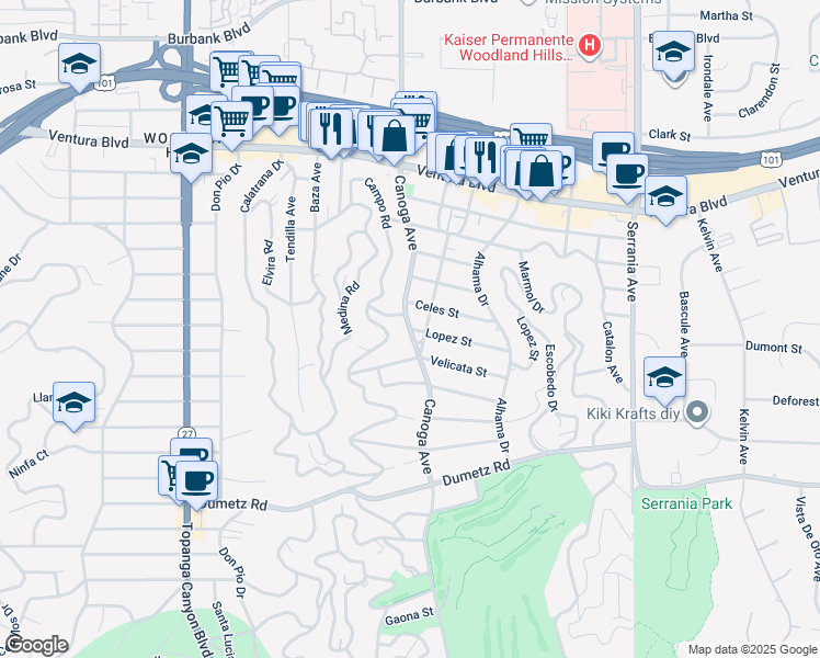 map of restaurants, bars, coffee shops, grocery stores, and more near Lopez Street in Los Angeles