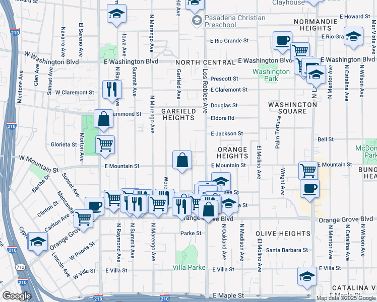 map of restaurants, bars, coffee shops, grocery stores, and more near 359 Adena Street in Pasadena