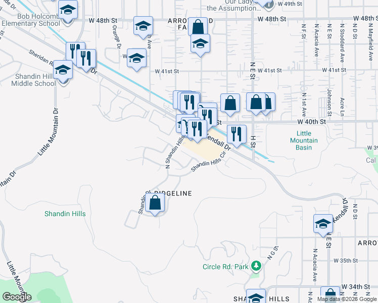 map of restaurants, bars, coffee shops, grocery stores, and more near 1062 West Sierra View Street in San Bernardino