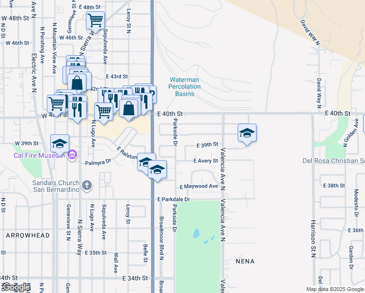 map of restaurants, bars, coffee shops, grocery stores, and more near 3898 N Kenwood Ave in San Bernardino