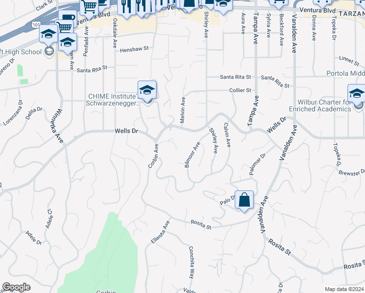 map of restaurants, bars, coffee shops, grocery stores, and more near 19536 Wells Drive in Los Angeles
