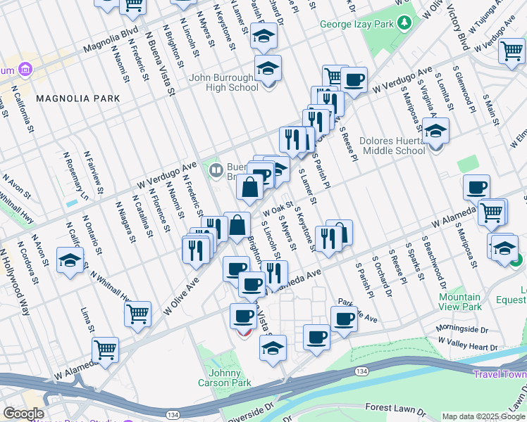 map of restaurants, bars, coffee shops, grocery stores, and more near 2222 West Olive Avenue in Burbank