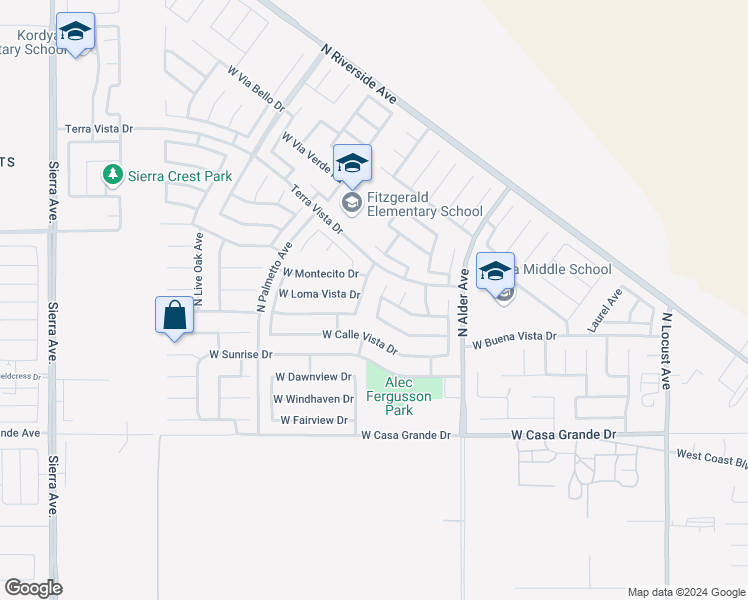map of restaurants, bars, coffee shops, grocery stores, and more near 3438 North Plum Tree Avenue in Rialto