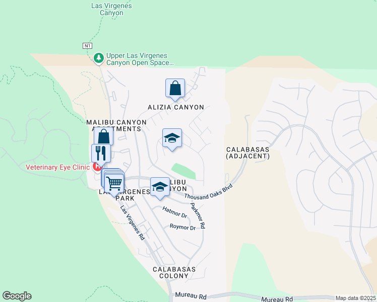 map of restaurants, bars, coffee shops, grocery stores, and more near 26120 Adamor Road in Calabasas