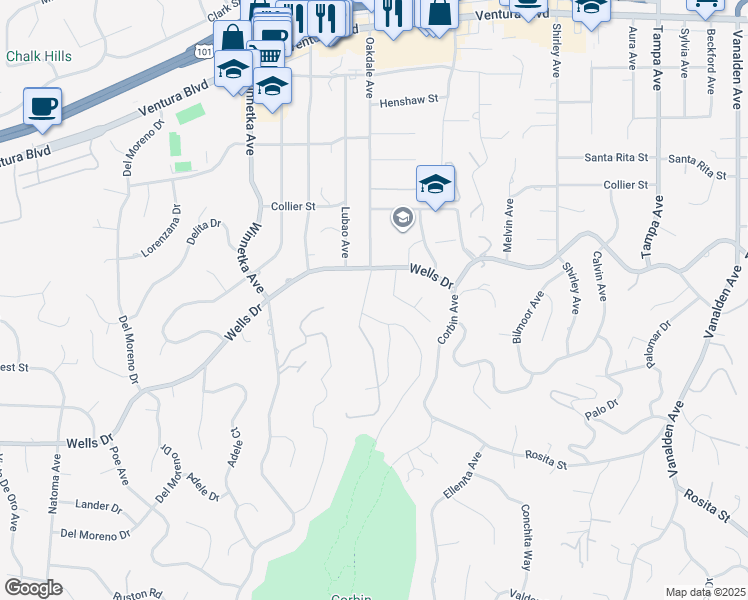map of restaurants, bars, coffee shops, grocery stores, and more near 5040 Oakdale Avenue in Los Angeles