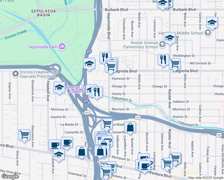 map of restaurants, bars, coffee shops, grocery stores, and more near 5050 Sepulveda Boulevard in Los Angeles