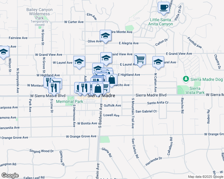 map of restaurants, bars, coffee shops, grocery stores, and more near 38 East Montecito Avenue in Sierra Madre