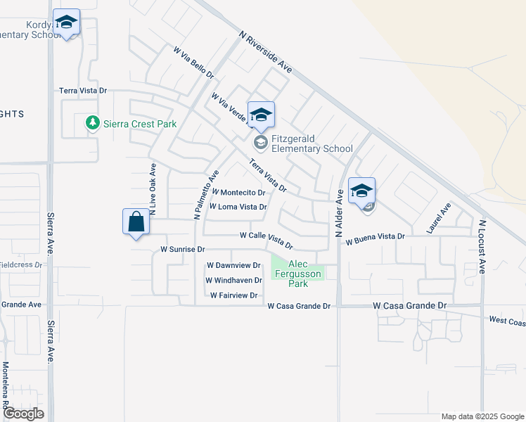 map of restaurants, bars, coffee shops, grocery stores, and more near 3445 North Tamarind Avenue in Rialto