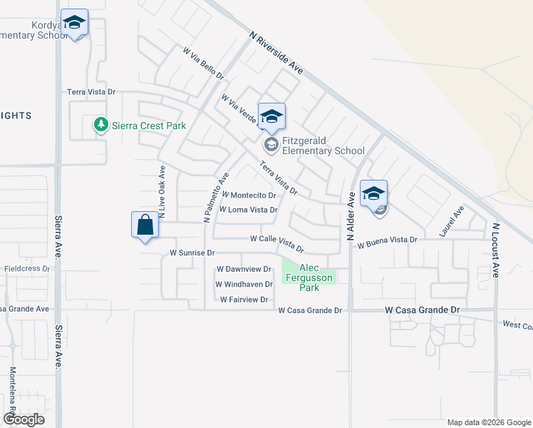 map of restaurants, bars, coffee shops, grocery stores, and more near 3445 North Tamarind Avenue in Rialto