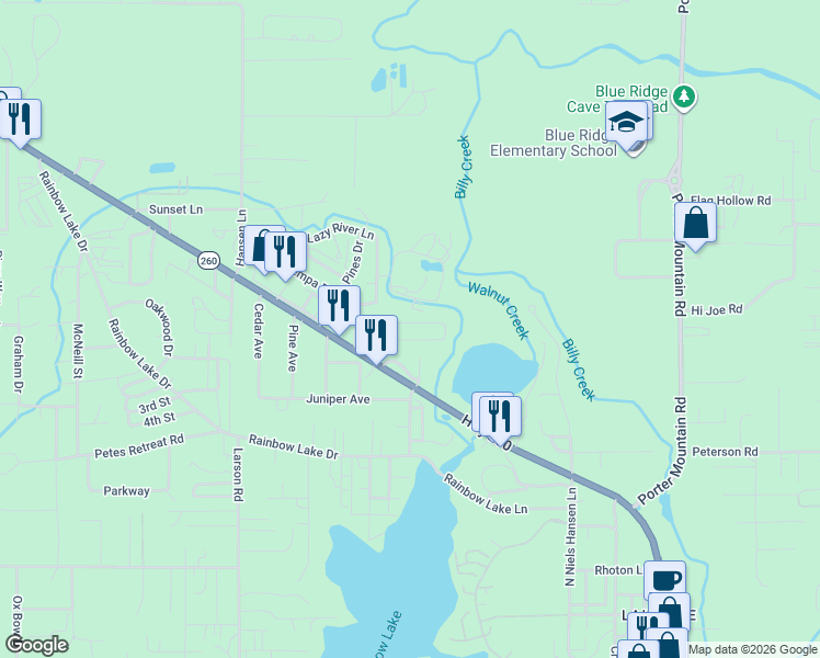 map of restaurants, bars, coffee shops, grocery stores, and more near 2633 Pinon Drive in Navajo County