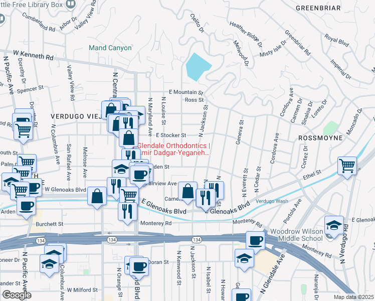 map of restaurants, bars, coffee shops, grocery stores, and more near 1122 Campbell Street in Glendale