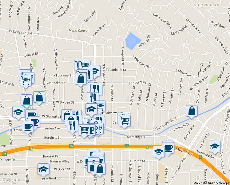map of restaurants, bars, coffee shops, grocery stores, and more near 1130 North Louise Street in Glendale