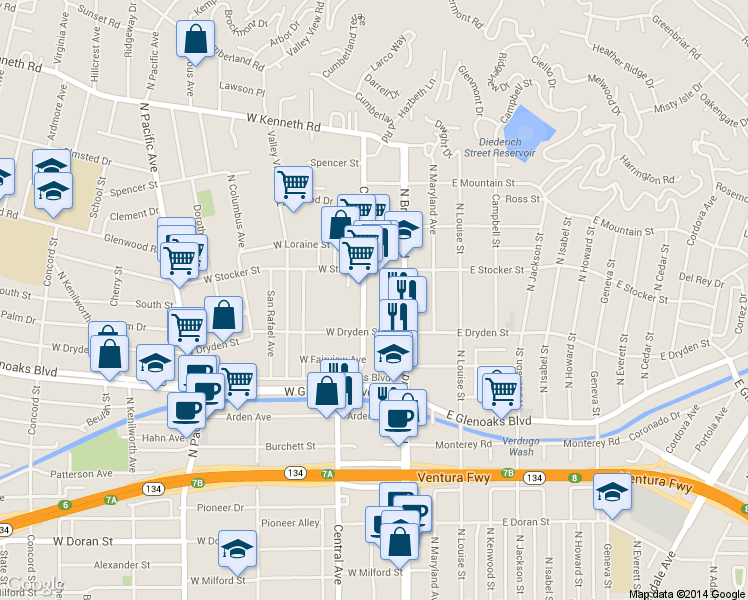 map of restaurants, bars, coffee shops, grocery stores, and more near 1137 North Central Avenue in Glendale