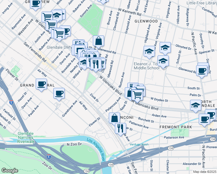 map of restaurants, bars, coffee shops, grocery stores, and more near 986 West Glenoaks Boulevard in Glendale