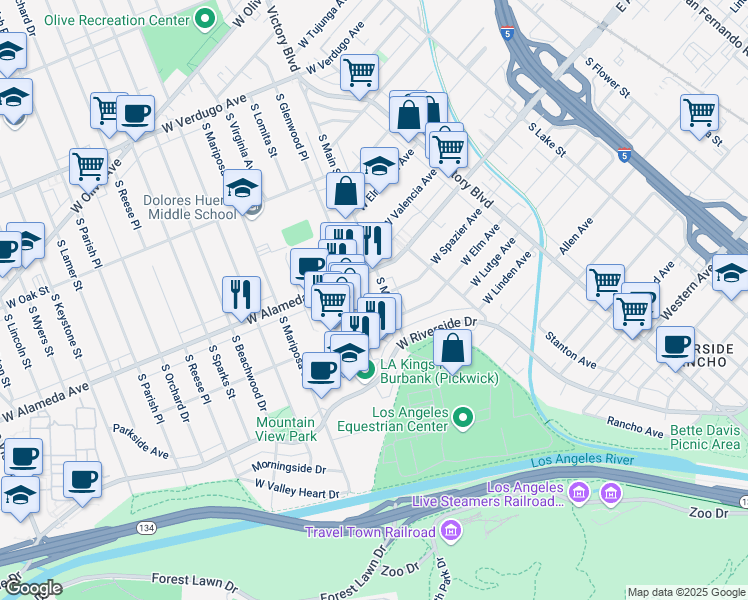 map of restaurants, bars, coffee shops, grocery stores, and more near 900 W Alameda Ave in Burbank