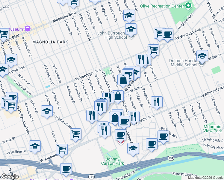 map of restaurants, bars, coffee shops, grocery stores, and more near 227 North Buena Vista Street in Burbank