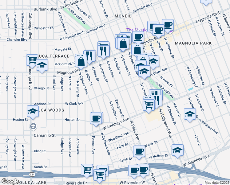 map of restaurants, bars, coffee shops, grocery stores, and more near 740 Evergreen Street in Burbank