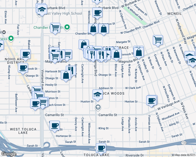map of restaurants, bars, coffee shops, grocery stores, and more near 5041 Auckland Avenue in Los Angeles