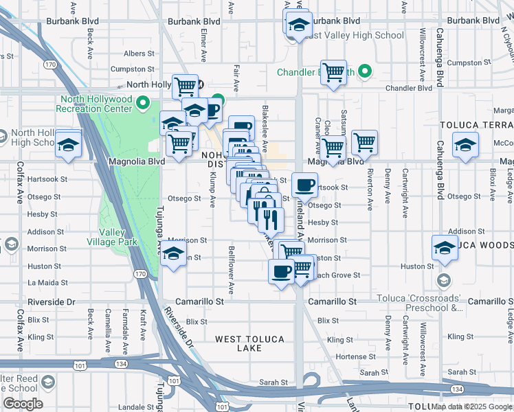 map of restaurants, bars, coffee shops, grocery stores, and more near 11104 Otsego Street in Los Angeles