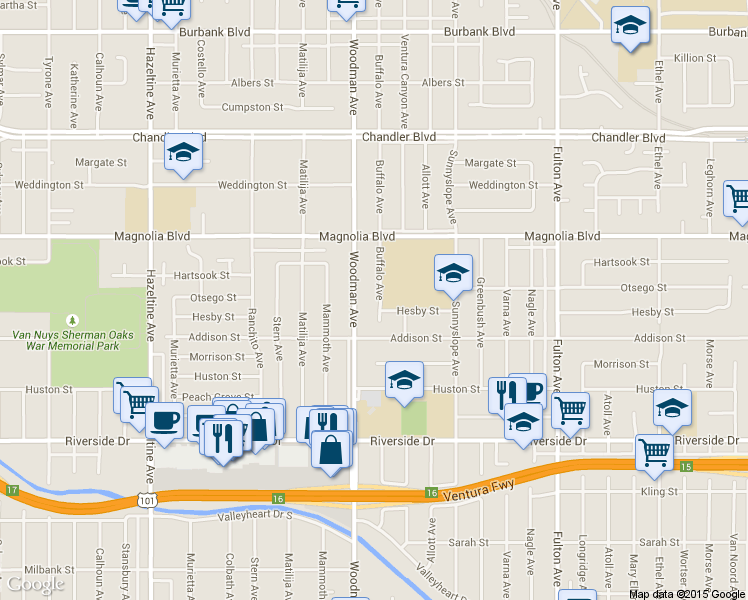 map of restaurants, bars, coffee shops, grocery stores, and more near 5030 Woodman Avenue in Los Angeles