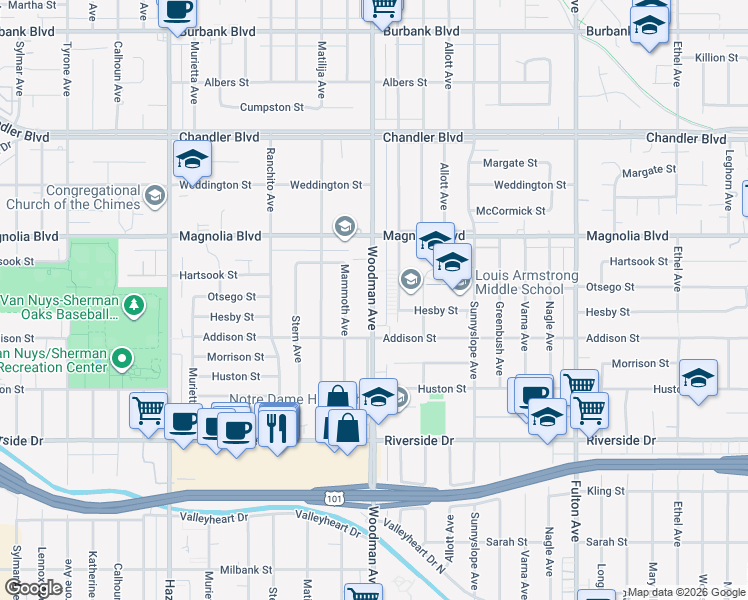 map of restaurants, bars, coffee shops, grocery stores, and more near 5030 Woodman Avenue in Los Angeles