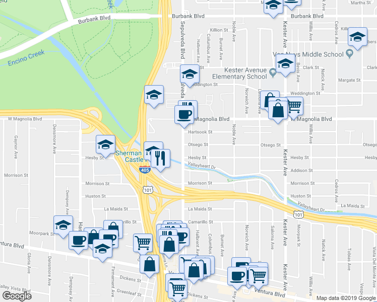 map of restaurants, bars, coffee shops, grocery stores, and more near 15237 Hesby Street in Los Angeles