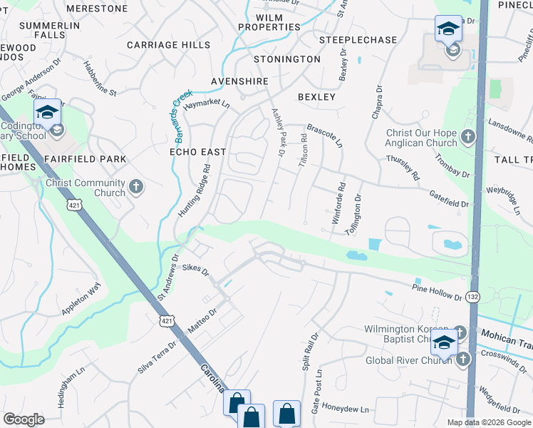 map of restaurants, bars, coffee shops, grocery stores, and more near 102 Westbury Ct in Wilmington