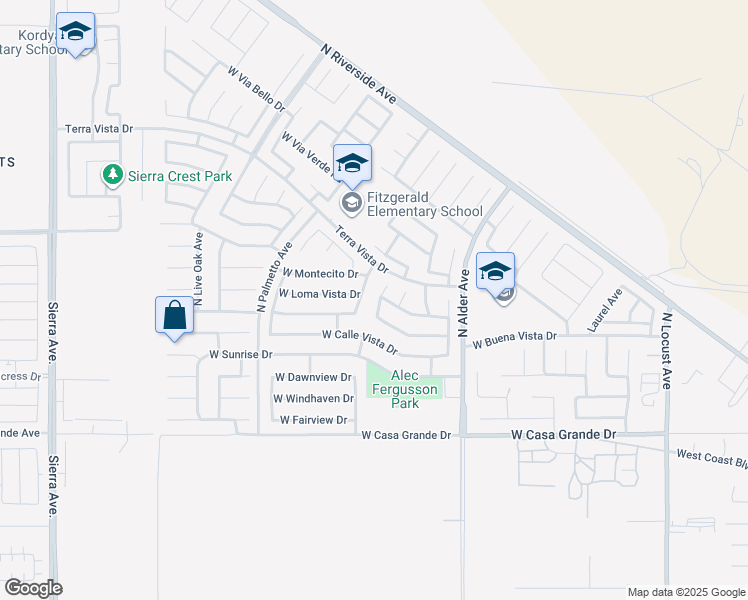 map of restaurants, bars, coffee shops, grocery stores, and more near 3438 North Plum Tree Avenue in Rialto