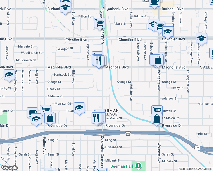 map of restaurants, bars, coffee shops, grocery stores, and more near 5050 Coldwater Canyon Avenue in Los Angeles