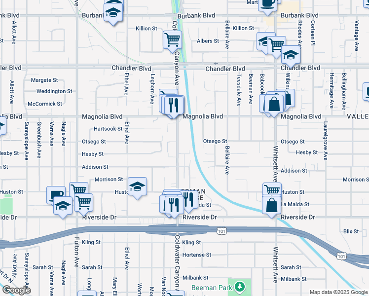 map of restaurants, bars, coffee shops, grocery stores, and more near 5050 Coldwater Canyon Avenue in Los Angeles
