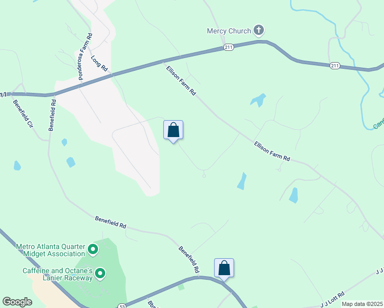 map of restaurants, bars, coffee shops, grocery stores, and more near 1277 Overland Park Drive in Braselton