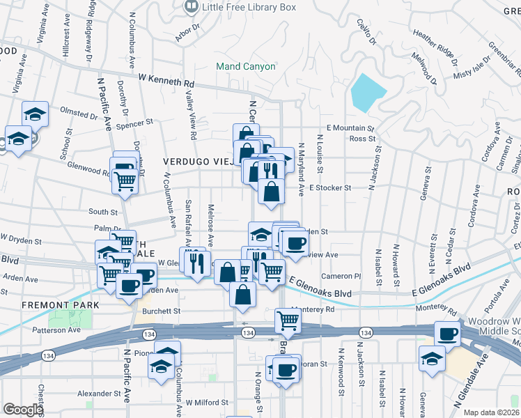 map of restaurants, bars, coffee shops, grocery stores, and more near 1126 North Central Avenue in Glendale