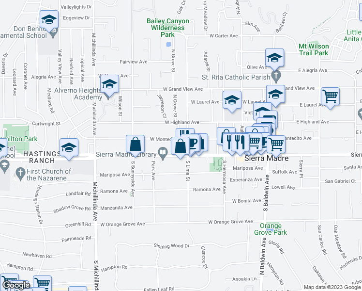 map of restaurants, bars, coffee shops, grocery stores, and more near 39 North Lima Street in Sierra Madre