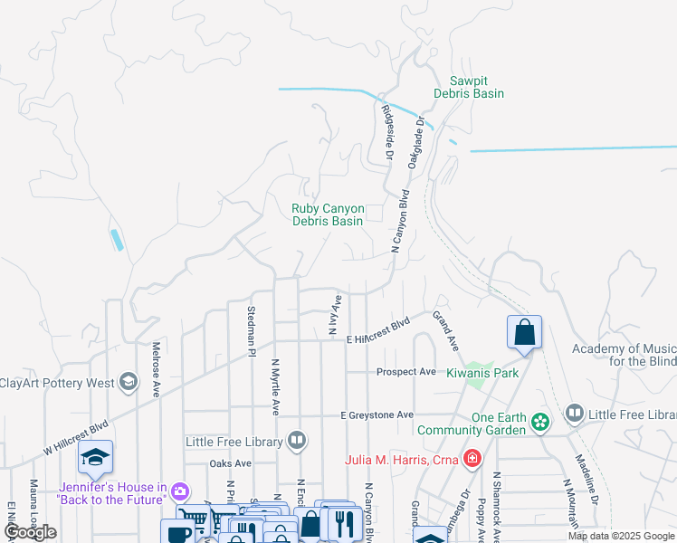 map of restaurants, bars, coffee shops, grocery stores, and more near 220 Canyon Crest Drive in Monrovia