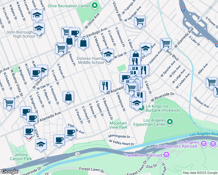 map of restaurants, bars, coffee shops, grocery stores, and more near 536 South Griffith Park Drive in Burbank