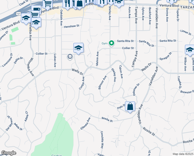 map of restaurants, bars, coffee shops, grocery stores, and more near 19536 Wells Drive in Los Angeles