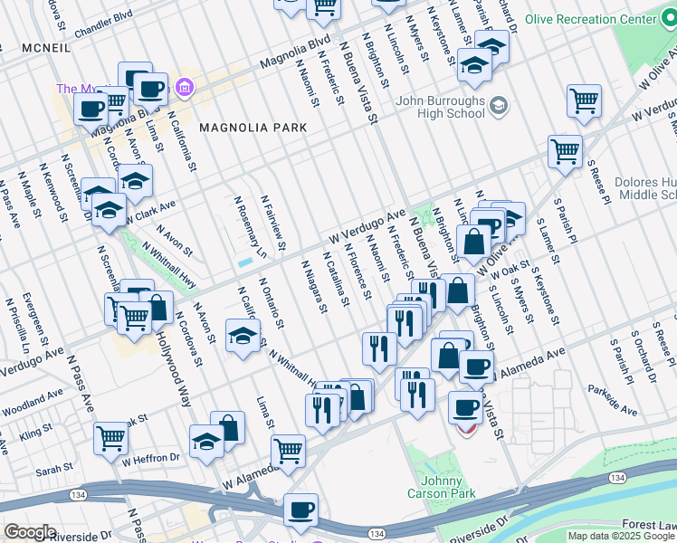 map of restaurants, bars, coffee shops, grocery stores, and more near 414 North Catalina Street in Burbank