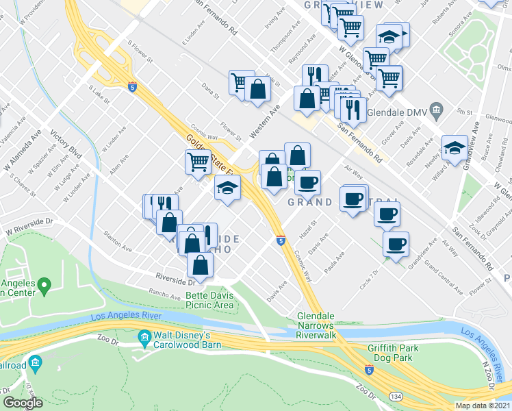map of restaurants, bars, coffee shops, grocery stores, and more near 204 Emens Way in Glendale