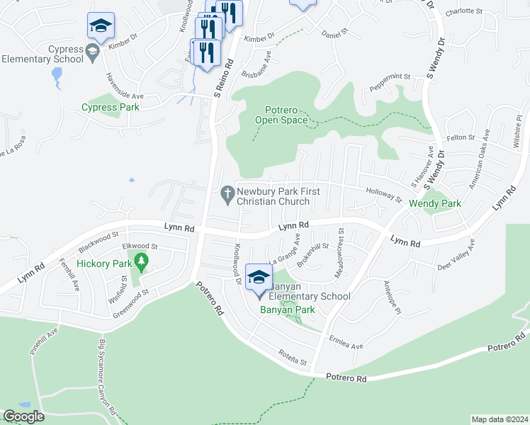 map of restaurants, bars, coffee shops, grocery stores, and more near 861 Boxthorn Avenue in Thousand Oaks