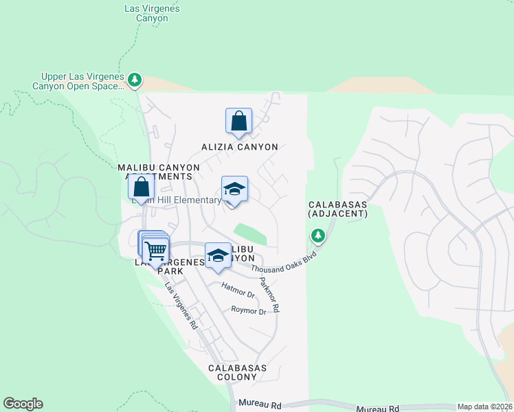 map of restaurants, bars, coffee shops, grocery stores, and more near 26120 Adamor Road in Calabasas