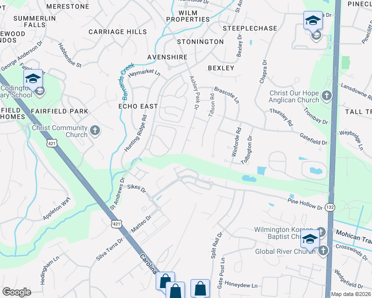 map of restaurants, bars, coffee shops, grocery stores, and more near 102 Westbury Ct in Wilmington