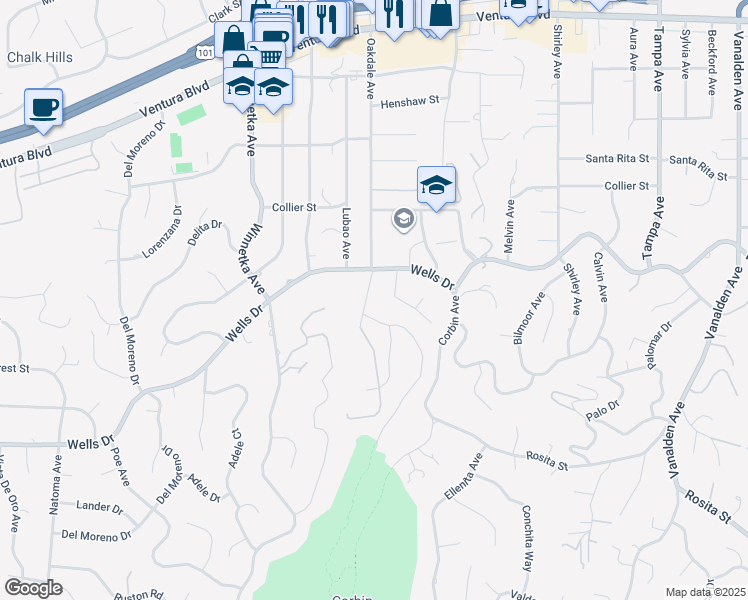 map of restaurants, bars, coffee shops, grocery stores, and more near 5040 Oakdale Avenue in Los Angeles