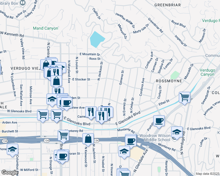 map of restaurants, bars, coffee shops, grocery stores, and more near 1135 North Howard Street in Glendale