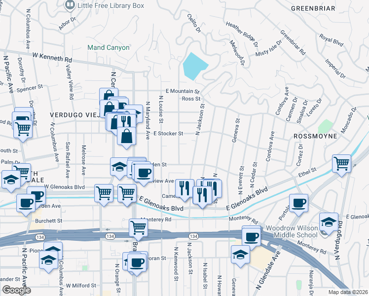 map of restaurants, bars, coffee shops, grocery stores, and more near 1130 Campbell Street in Glendale