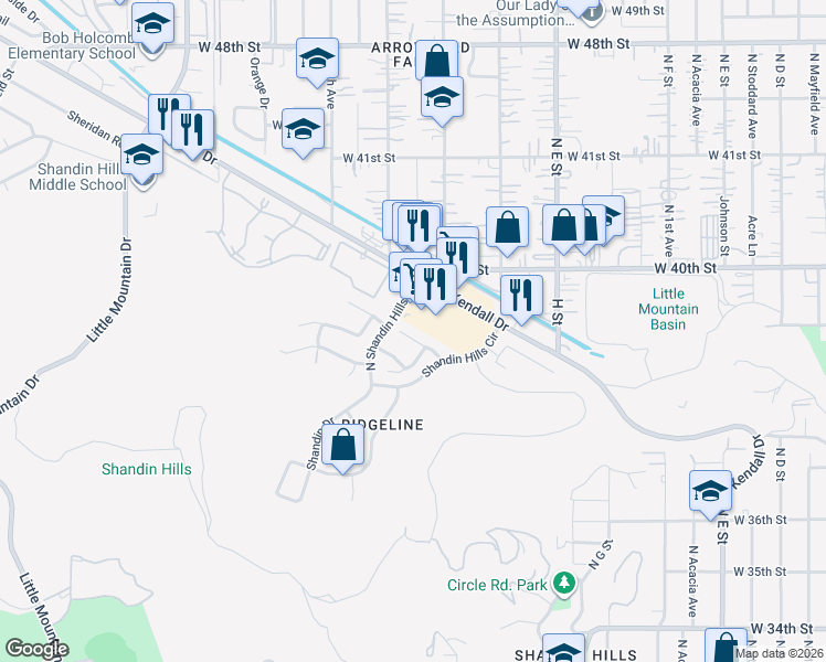 map of restaurants, bars, coffee shops, grocery stores, and more near 1062 West Sierra View Street in San Bernardino
