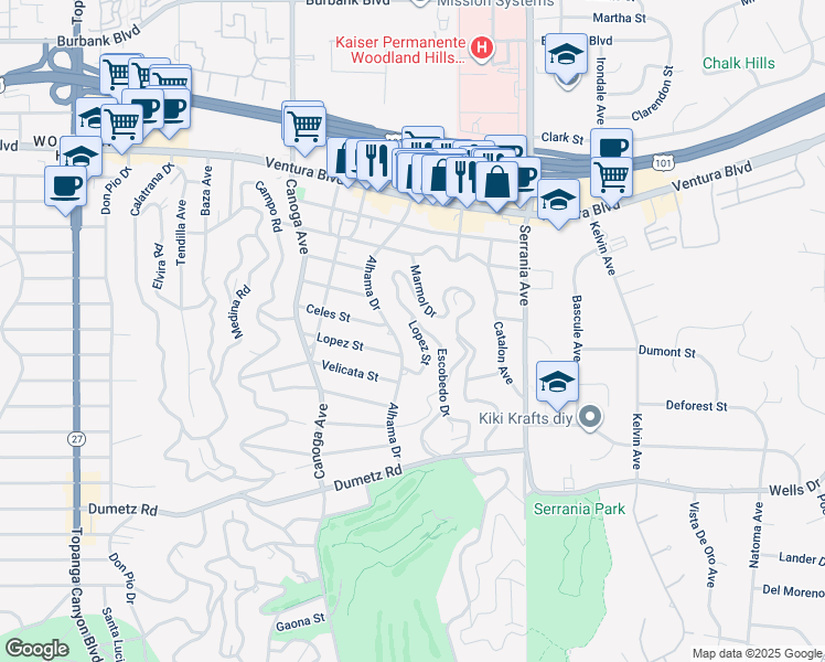 map of restaurants, bars, coffee shops, grocery stores, and more near Lopez Street in Los Angeles