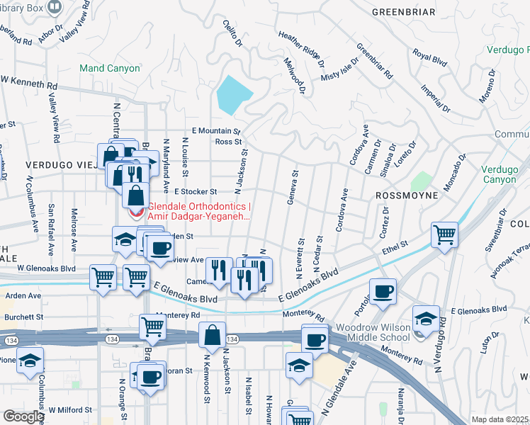 map of restaurants, bars, coffee shops, grocery stores, and more near 1135 North Howard Street in Glendale