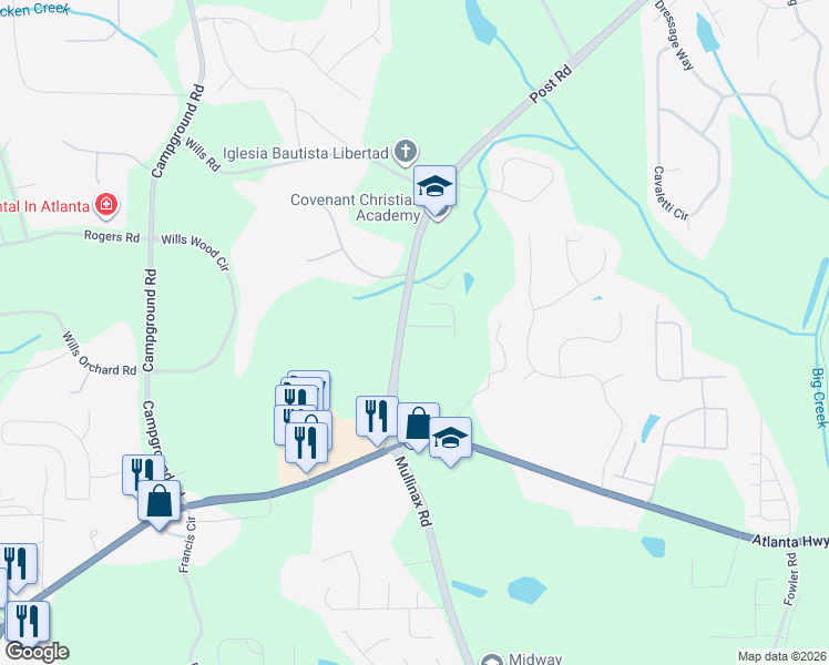map of restaurants, bars, coffee shops, grocery stores, and more near 7070 Post Park Way in Cumming