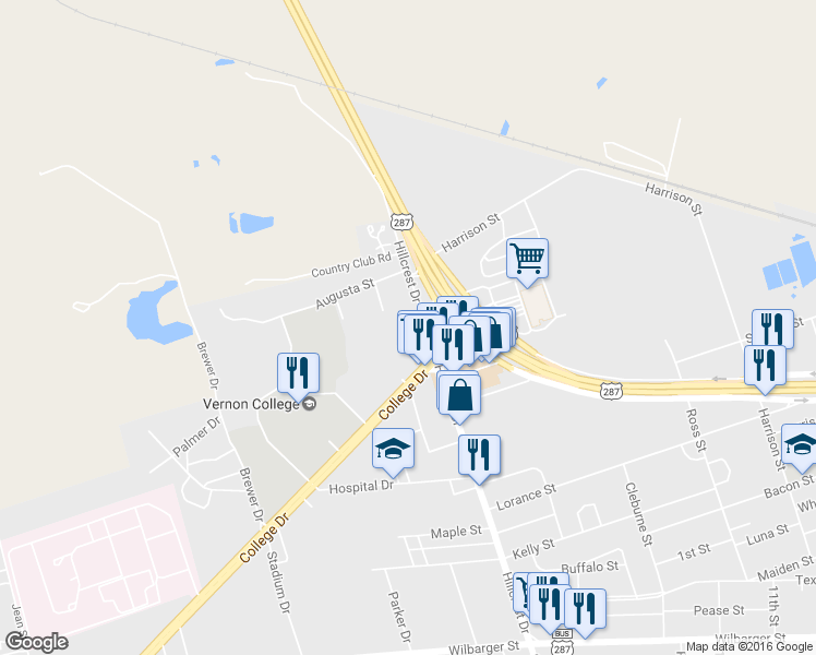 map of restaurants, bars, coffee shops, grocery stores, and more near 700 U.S. 287 in Vernon